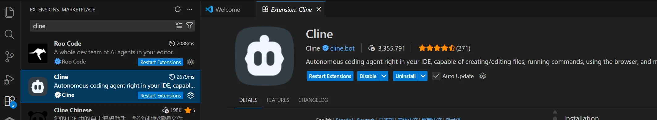 Install Cline from the VS Code Extensions marketplace
