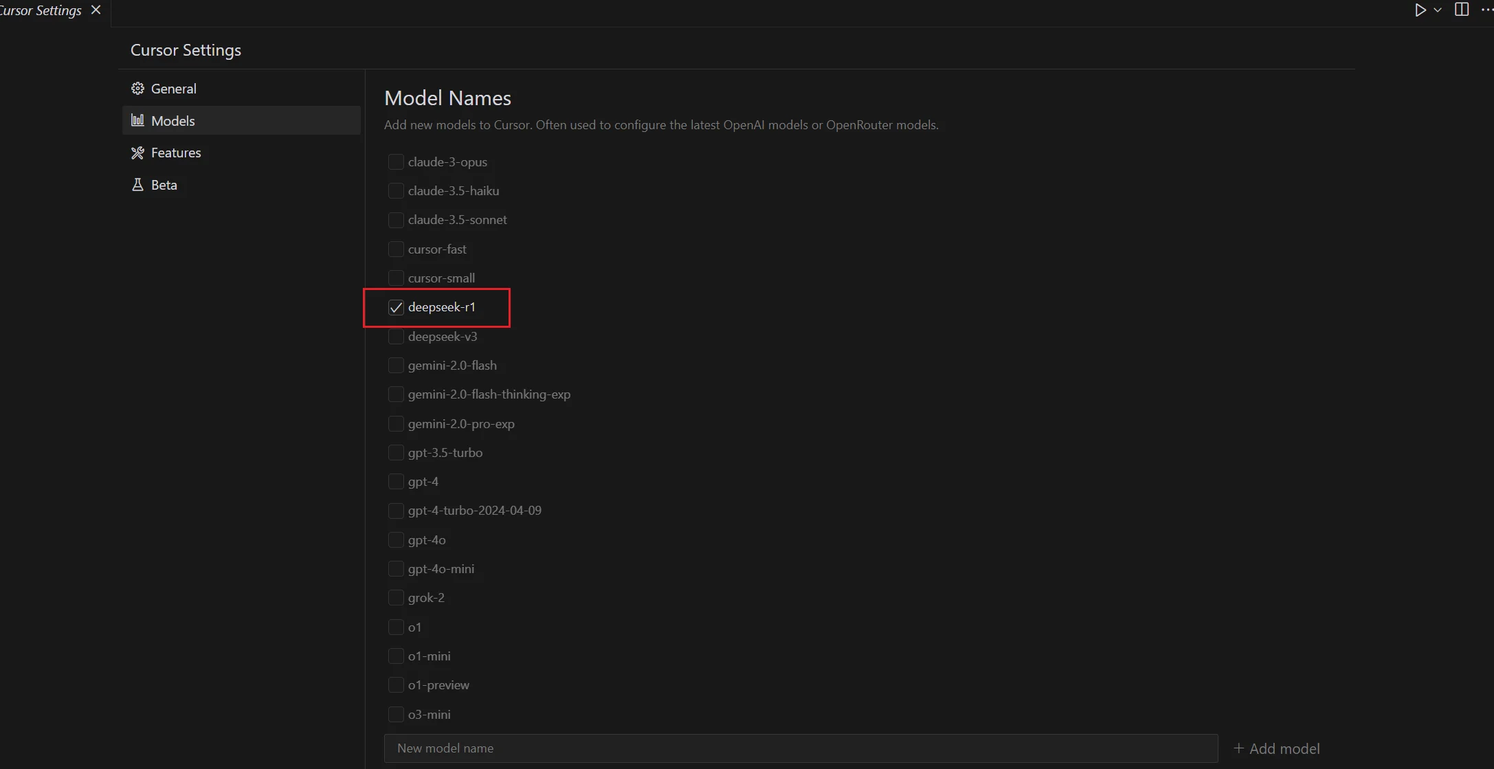 Enable the target model in Cursor