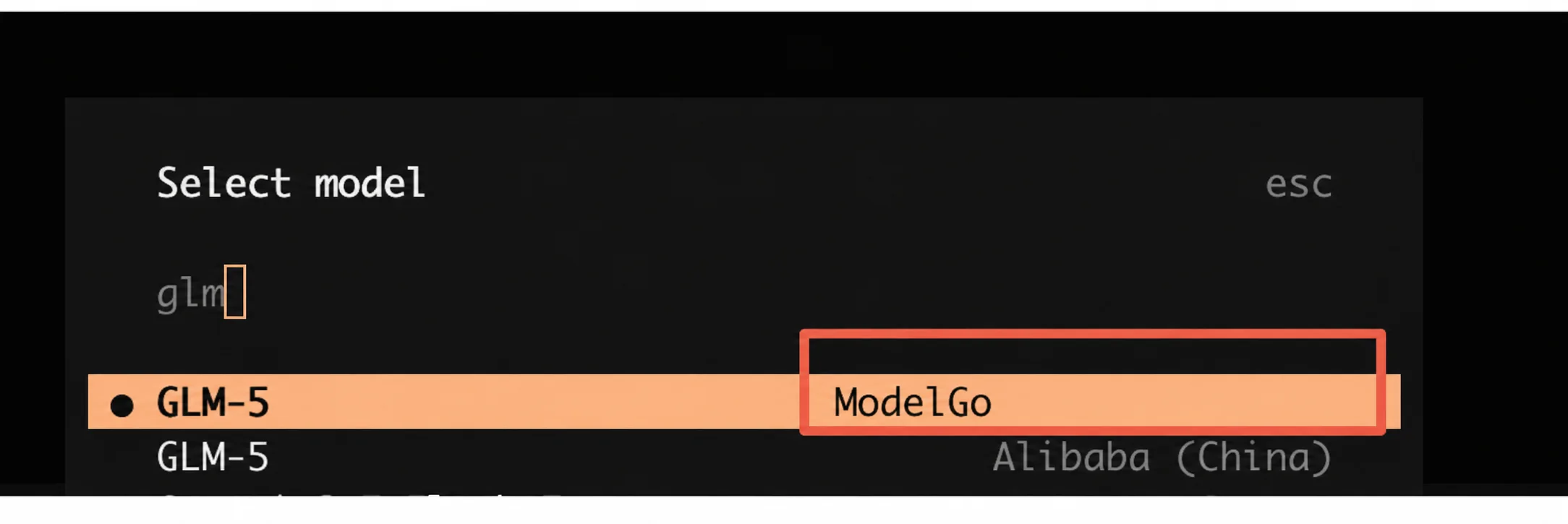 Identify ModelGo in the OpenCode model list